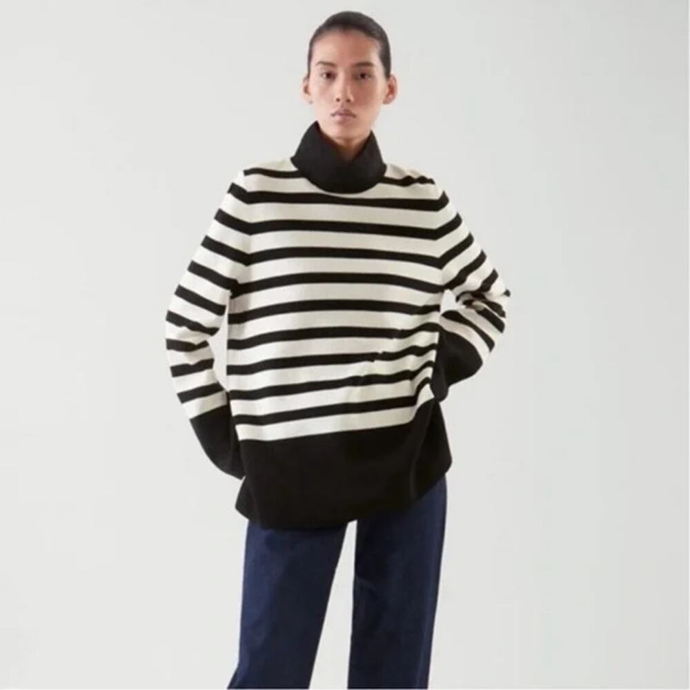 COS Oversized Striped Mock-Neck Cotton Tunic Sweater w/Side Slits Women's Large